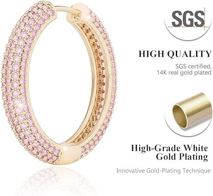 Gold Hoop Earrings with Diamond, Pink Jewelry 1 inch | 2 inch