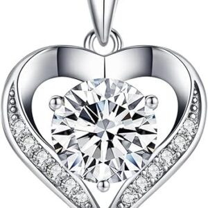 Moissanite Necklace for Women, 1-3 Carat Heart Necklace Engraved with 'I LOVE YOU', Birthday Gift for Wife