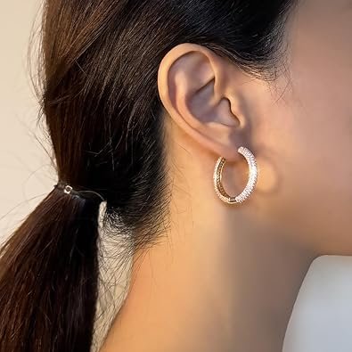 Gold Hoop Earrings with Diamond, Pink Jewelry 1 inch | 2 inch